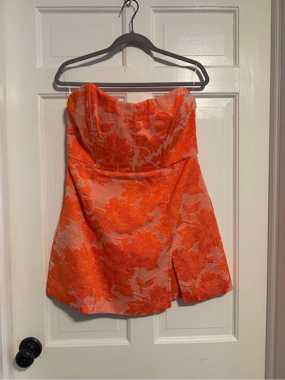 Showpo Strapless Bright Orange Floral Jacquard Mini Dress